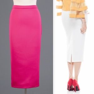 fuchsia scuba pencil midi skirt